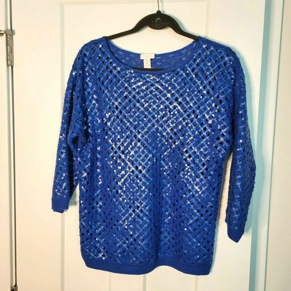 Chico's Size 1 Marine Blue‎ Open Weave Pullover Round Neck Sequined Sweater GUC - Picture 1 of 5
